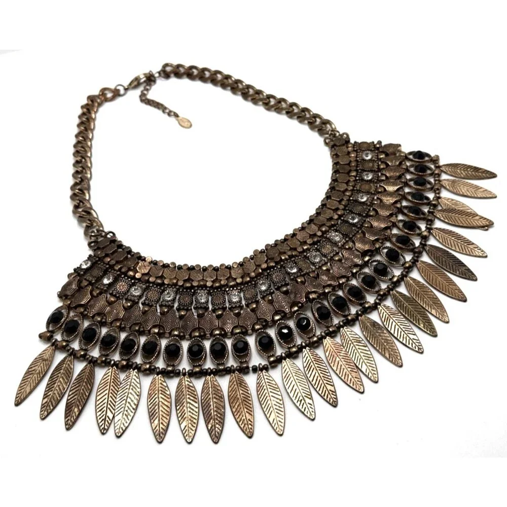 ALDO Boho Statement Bib Necklace Leaf Fringe Distressed Gold Tone Tribal Collar
